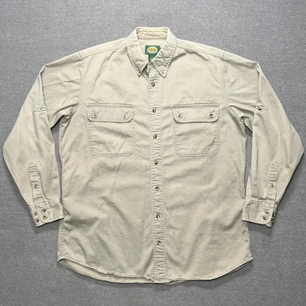 Vintage Cabela's Shirt Mens LT Beige Twill Button Up Workwear Outdoor Hiking